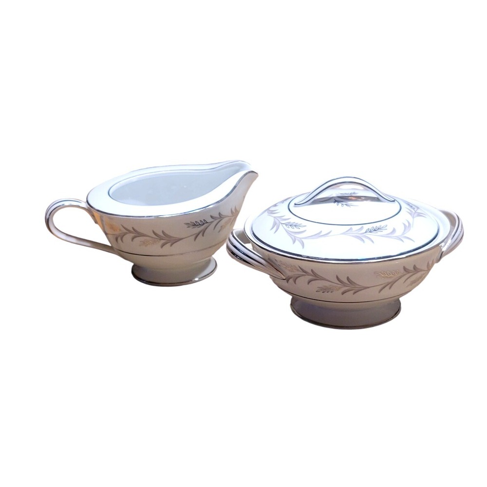 Noritake China Sugar Bowl and Creamer Set Glendon Pattern Silver Leaf‎ Design